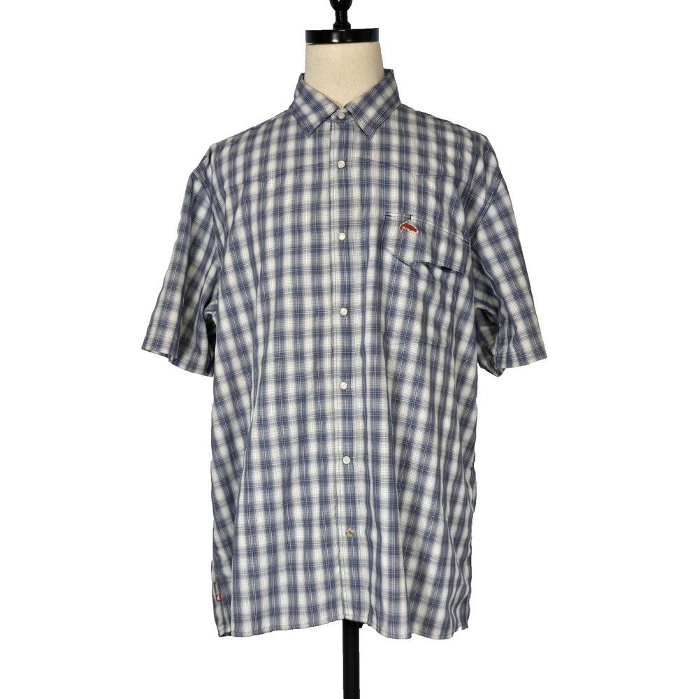 Simms Fishing Shirt Mens 2XL Blue Plaid Short Sleeve Pearl Snap Button Up Vented